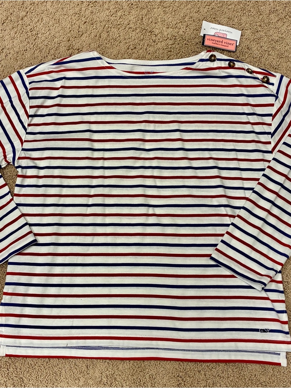 🆕 Vineyard Vines White Long-Sleeve Stripe Top with Red & Navy Stripes
